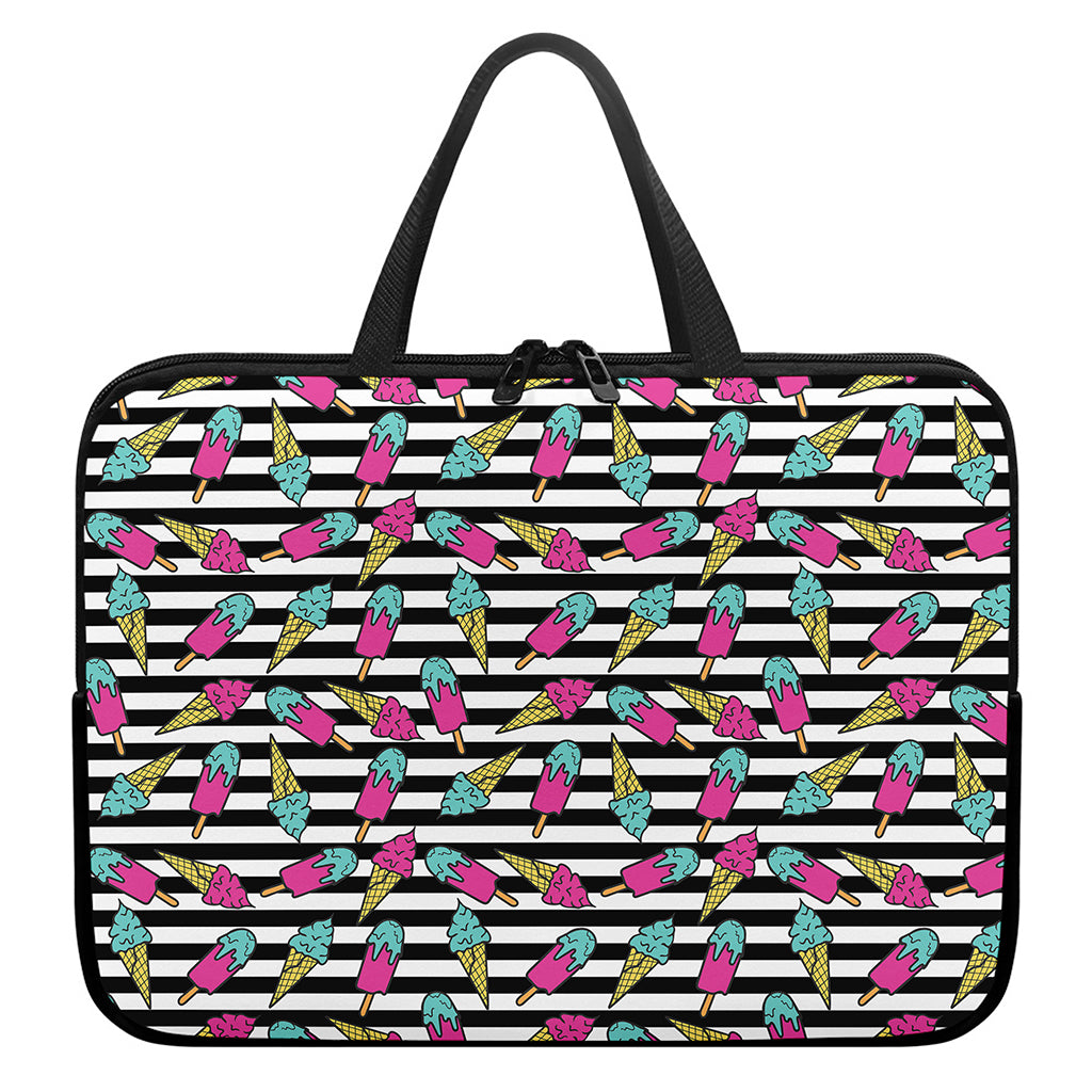 Black Striped Ice Cream Pattern Print Laptop Sleeve With Handle