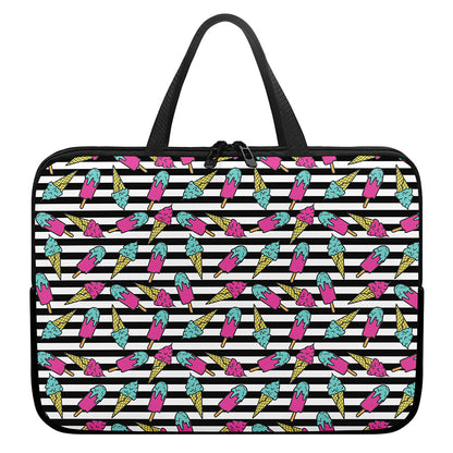 Black Striped Ice Cream Pattern Print Laptop Sleeve With Handle