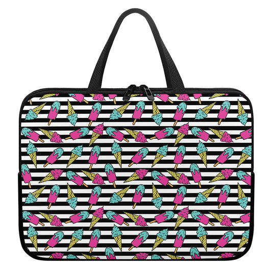 Black Striped Ice Cream Pattern Print Laptop Sleeve With Handle