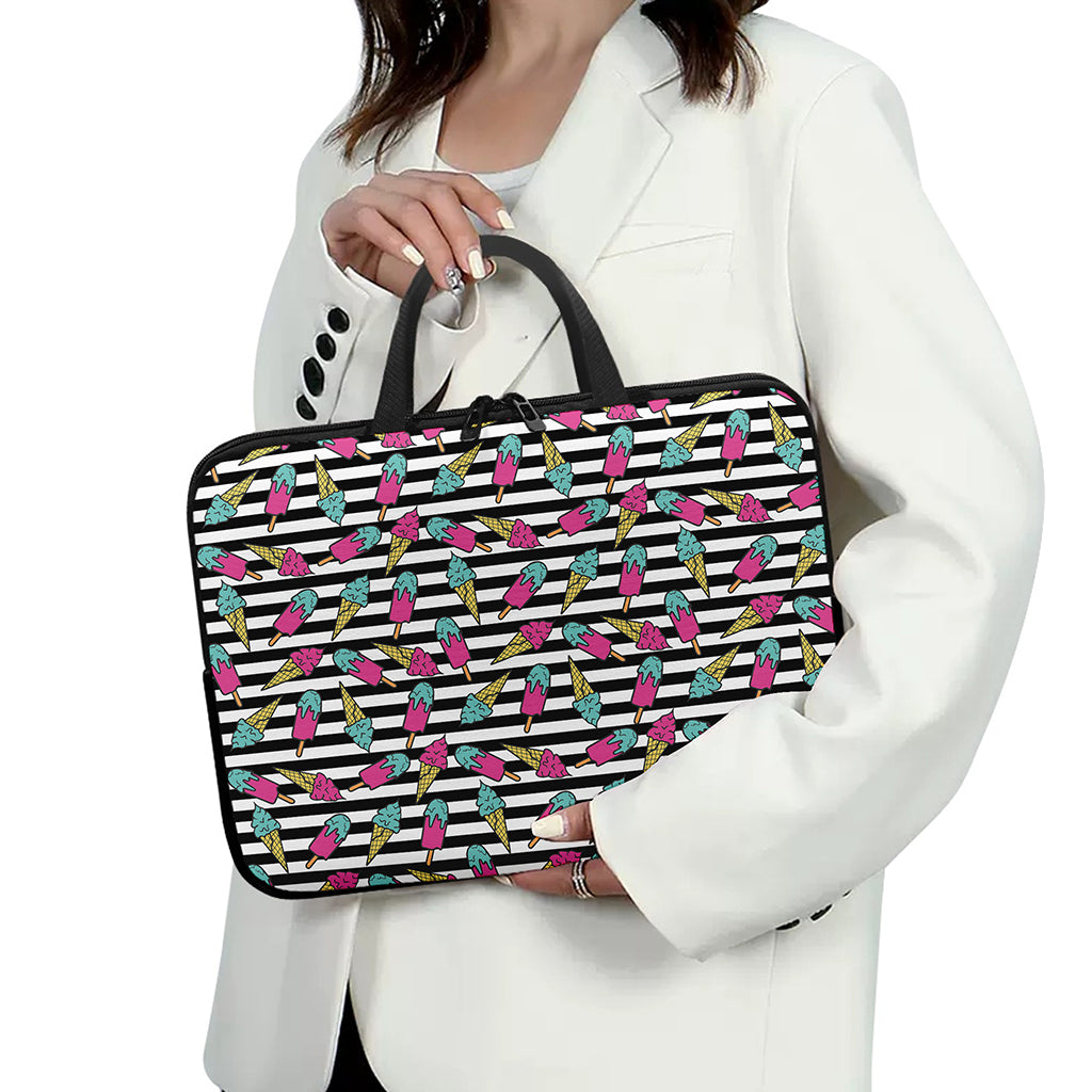 Black Striped Ice Cream Pattern Print Laptop Sleeve With Handle