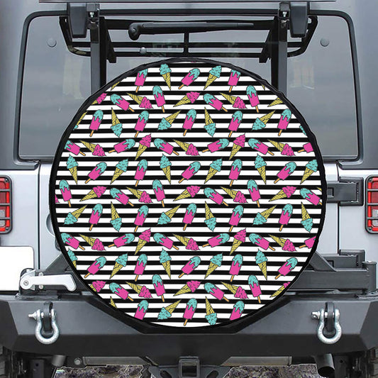 Black Striped Ice Cream Pattern Print Leather Spare Tire Cover