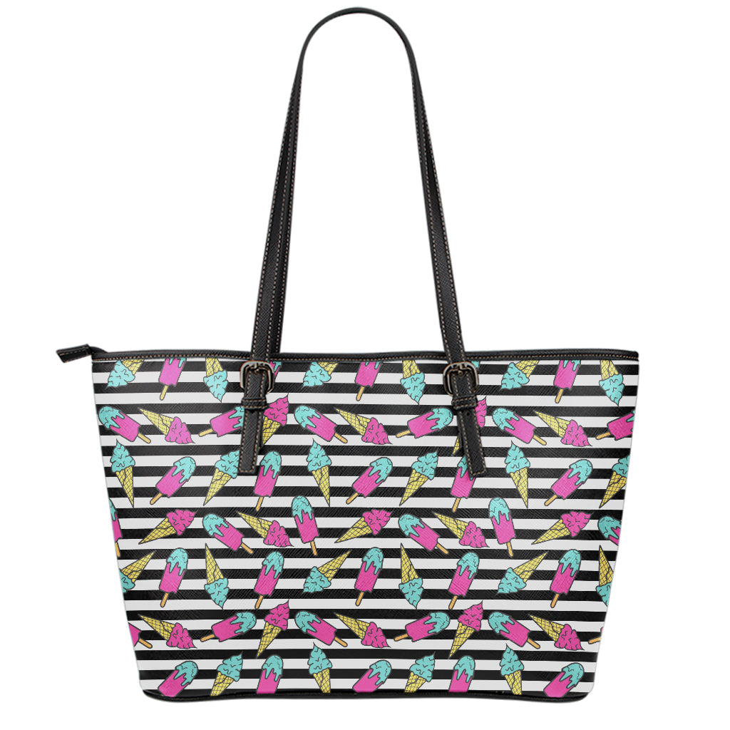 Black Striped Ice Cream Pattern Print Leather Tote Bag