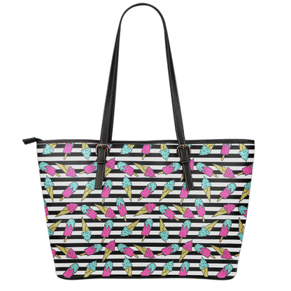 Black Striped Ice Cream Pattern Print Leather Tote Bag