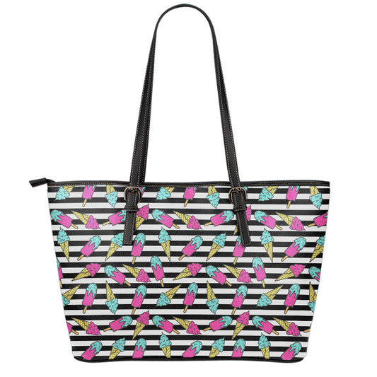 Black Striped Ice Cream Pattern Print Leather Tote Bag