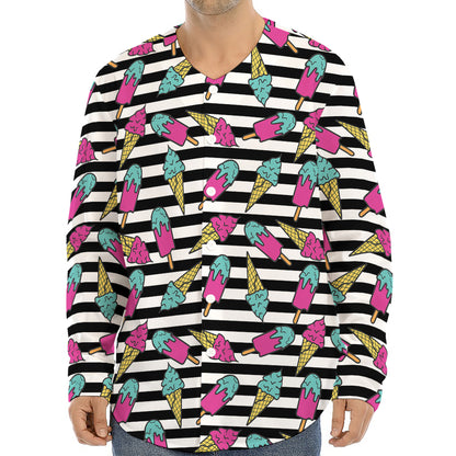 Black Striped Ice Cream Pattern Print Long Sleeve Baseball Jersey