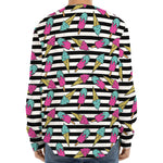Black Striped Ice Cream Pattern Print Long Sleeve Baseball Jersey