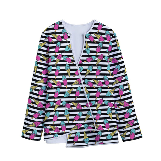 Black Striped Ice Cream Pattern Print Long Sleeve Short Coat