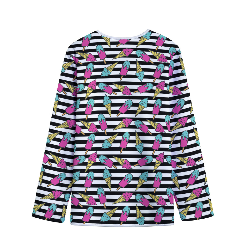 Black Striped Ice Cream Pattern Print Long Sleeve Short Coat