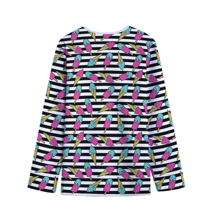 Black Striped Ice Cream Pattern Print Long Sleeve Short Coat