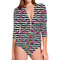 Black Striped Ice Cream Pattern Print Long Sleeve Swimsuit