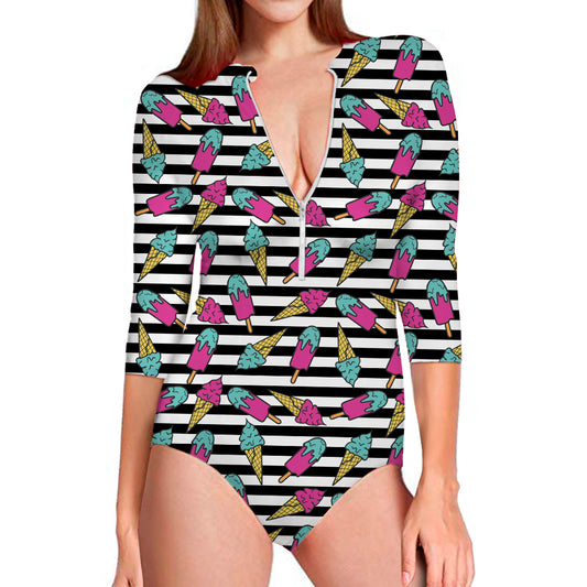 Black Striped Ice Cream Pattern Print Long Sleeve Swimsuit