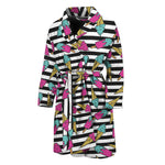 Black Striped Ice Cream Pattern Print Men's Bathrobe