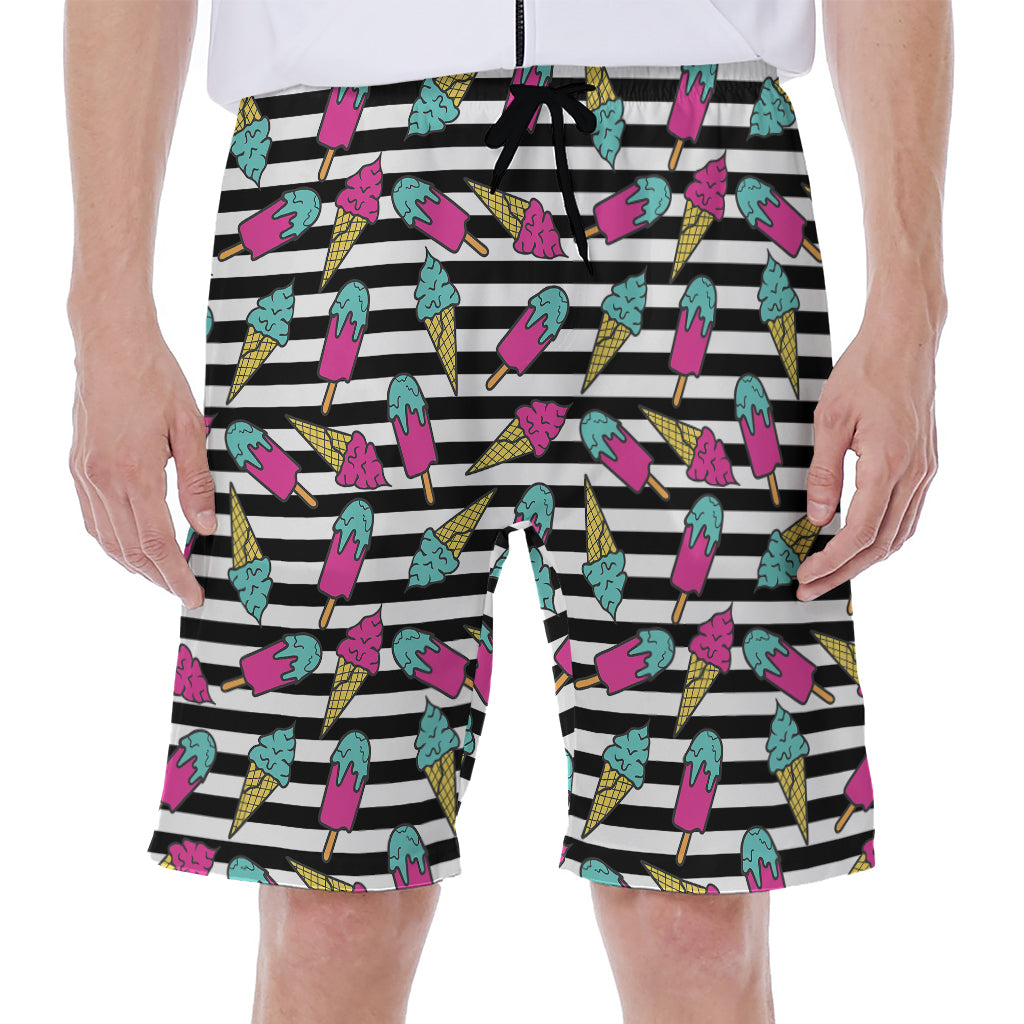Black Striped Ice Cream Pattern Print Men's Beach Shorts