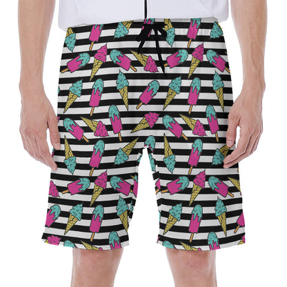 Black Striped Ice Cream Pattern Print Men's Beach Shorts