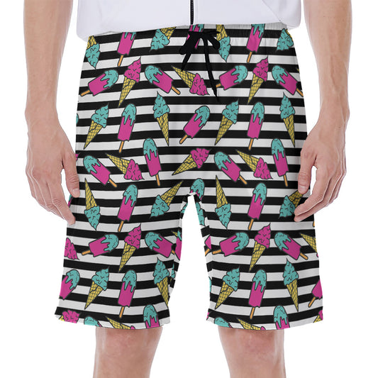 Black Striped Ice Cream Pattern Print Men's Beach Shorts