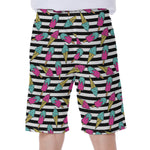 Black Striped Ice Cream Pattern Print Men's Beach Shorts