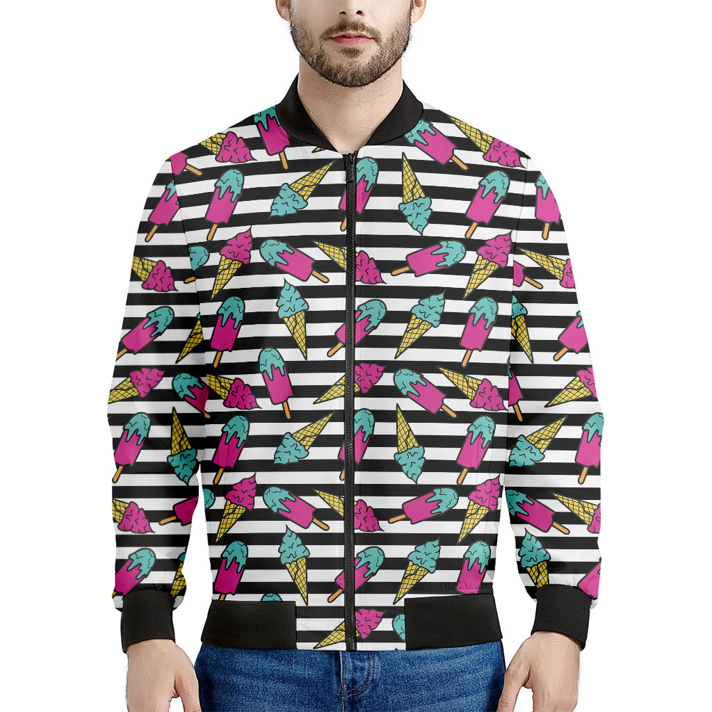 Black Striped Ice Cream Pattern Print Men's Bomber Jacket