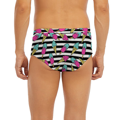 Black Striped Ice Cream Pattern Print Men's Briefs