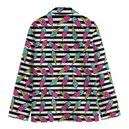 Black Striped Ice Cream Pattern Print Men's Cotton Blazer