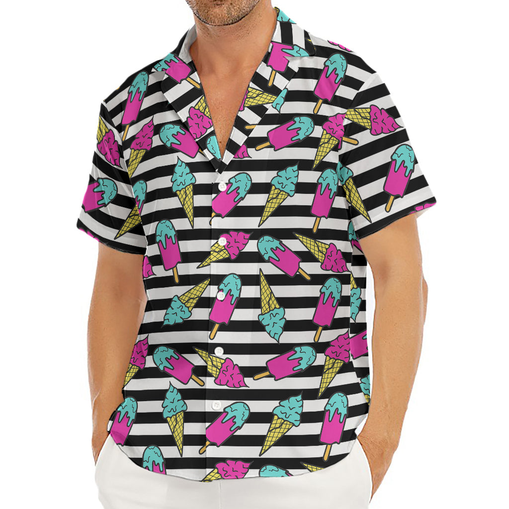 Black Striped Ice Cream Pattern Print Men's Deep V-Neck Shirt