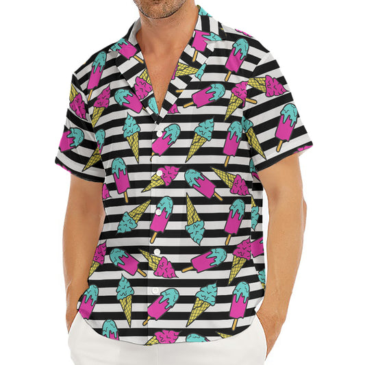 Black Striped Ice Cream Pattern Print Men's Deep V-Neck Shirt