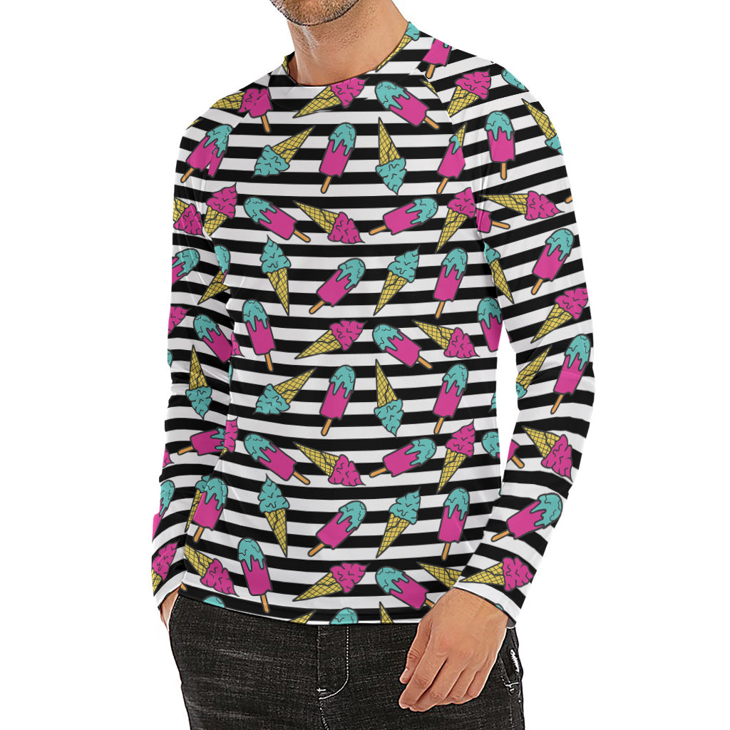 Black Striped Ice Cream Pattern Print Men's Long Sleeve Rash Guard