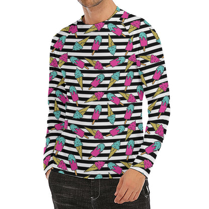 Black Striped Ice Cream Pattern Print Men's Long Sleeve Rash Guard