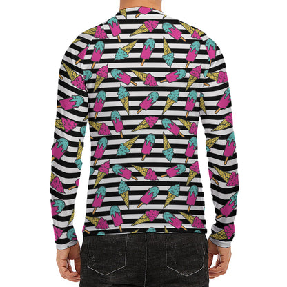 Black Striped Ice Cream Pattern Print Men's Long Sleeve Rash Guard