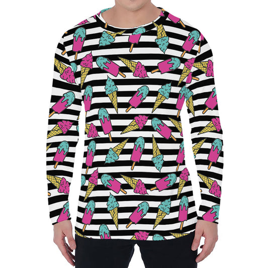 Black Striped Ice Cream Pattern Print Men's Long Sleeve T-Shirt