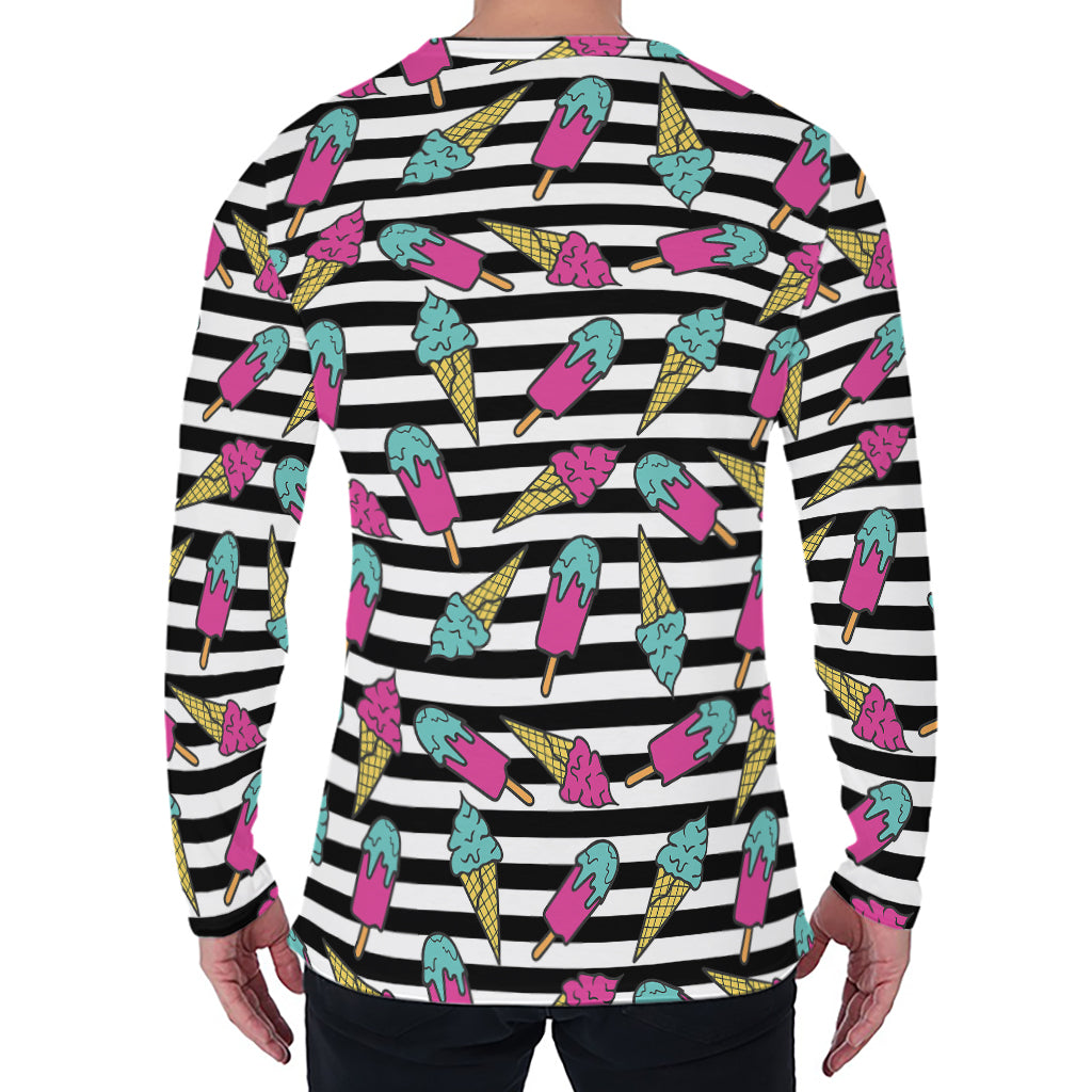 Black Striped Ice Cream Pattern Print Men's Long Sleeve T-Shirt