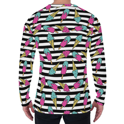 Black Striped Ice Cream Pattern Print Men's Long Sleeve T-Shirt