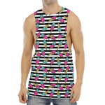 Black Striped Ice Cream Pattern Print Men's Muscle Tank Top
