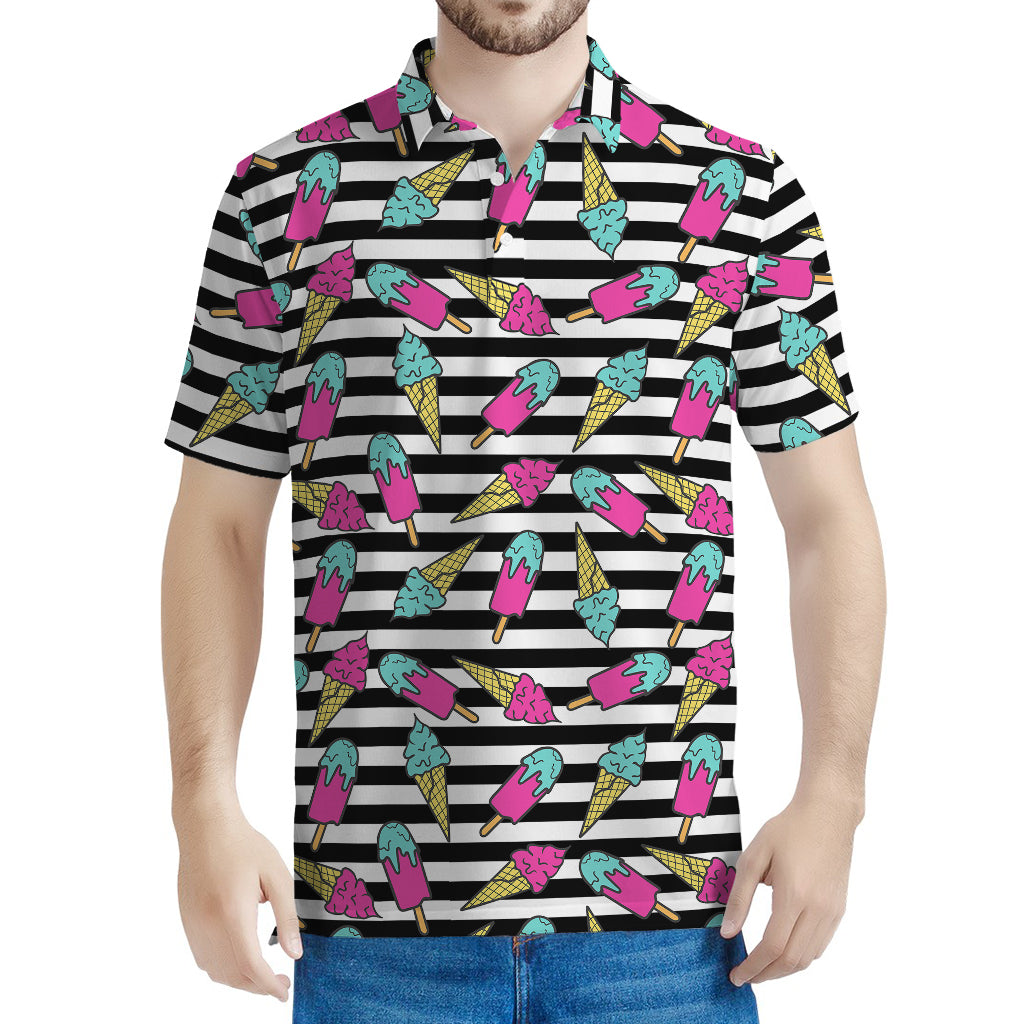 Black Striped Ice Cream Pattern Print Men's Polo Shirt