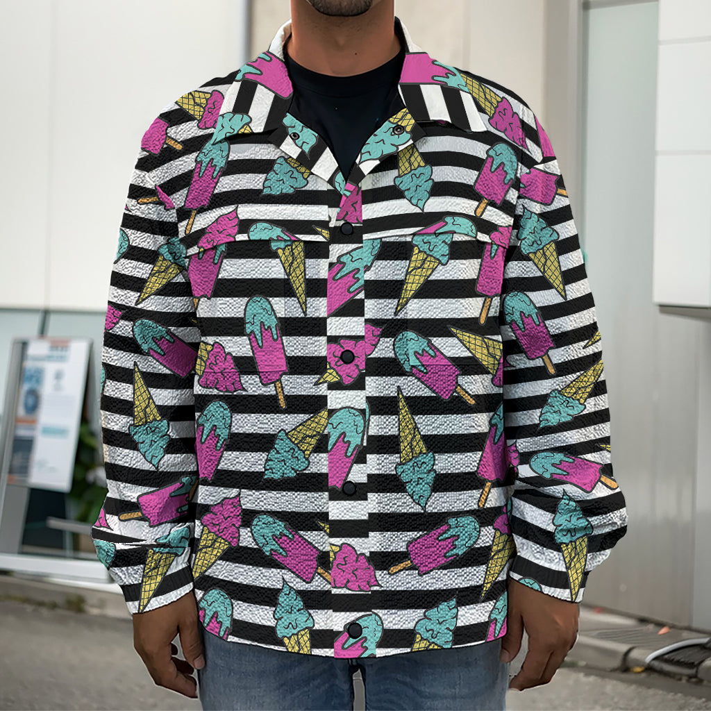 Black Striped Ice Cream Pattern Print Men's Shirt Jacket
