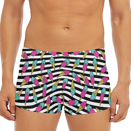 Black Striped Ice Cream Pattern Print Men's Short Boxer Briefs