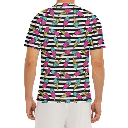 Black Striped Ice Cream Pattern Print Men's Short Sleeve Rash Guard