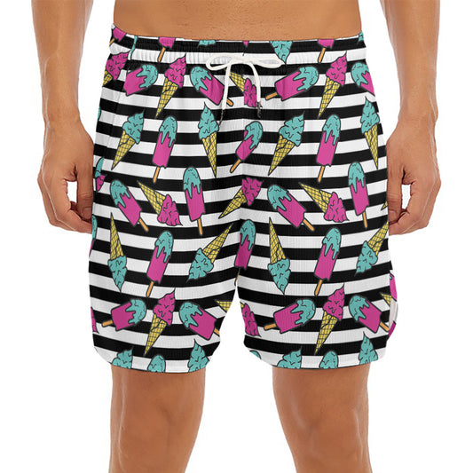 Black Striped Ice Cream Pattern Print Men's Split Running Shorts
