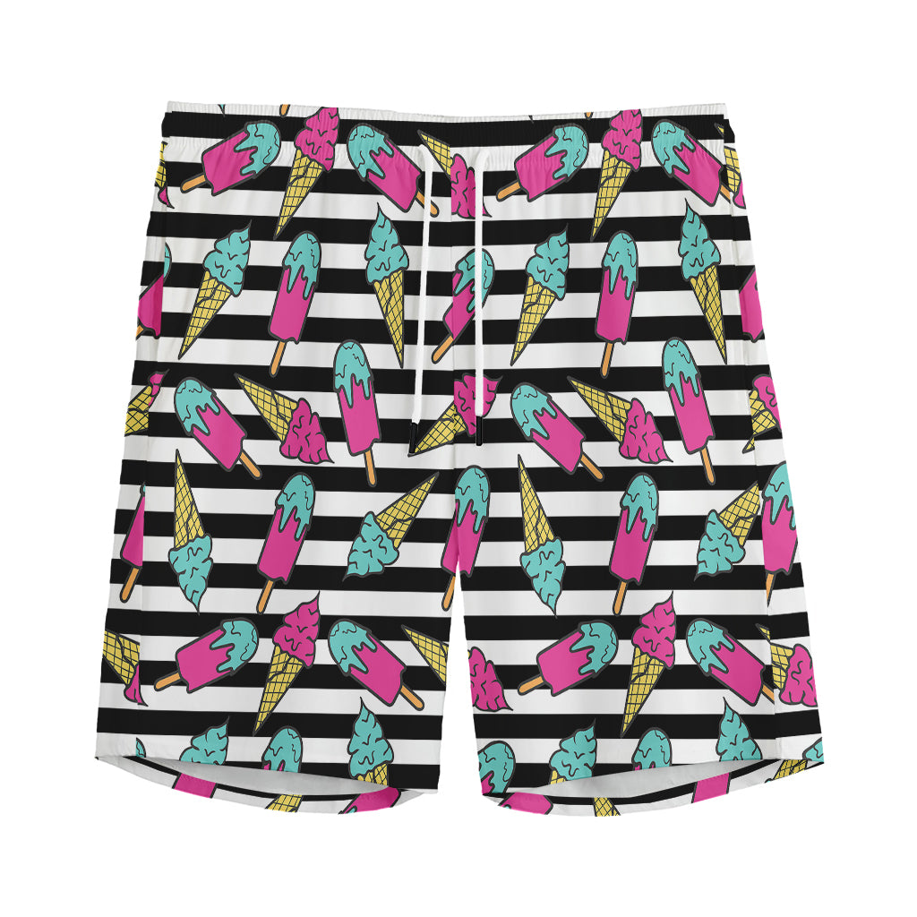 Black Striped Ice Cream Pattern Print Men's Sports Shorts