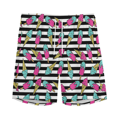 Black Striped Ice Cream Pattern Print Men's Sports Shorts