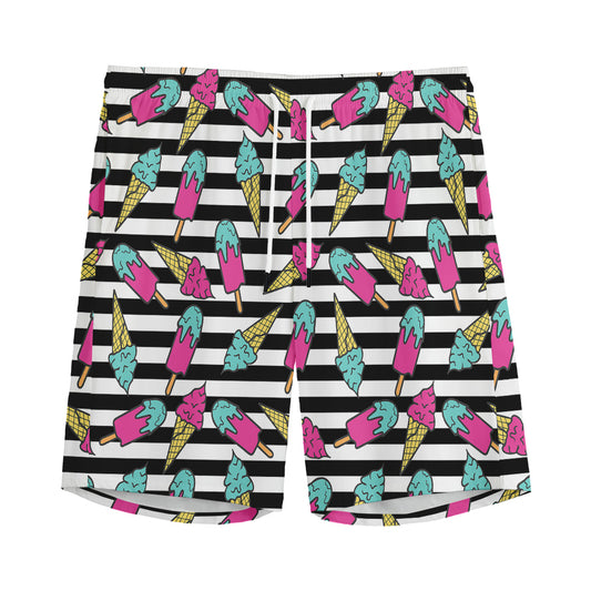 Black Striped Ice Cream Pattern Print Men's Sports Shorts