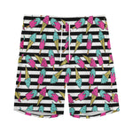 Black Striped Ice Cream Pattern Print Men's Sports Shorts