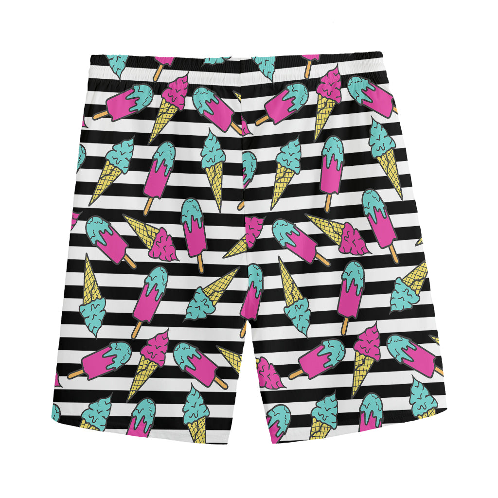 Black Striped Ice Cream Pattern Print Men's Sports Shorts