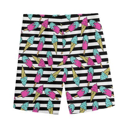 Black Striped Ice Cream Pattern Print Men's Sports Shorts