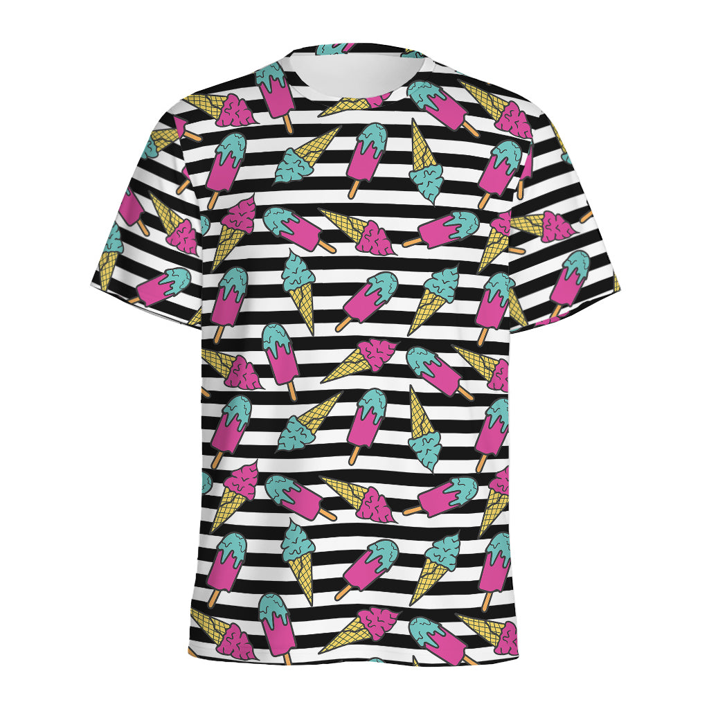 Black Striped Ice Cream Pattern Print Men's Sports T-Shirt
