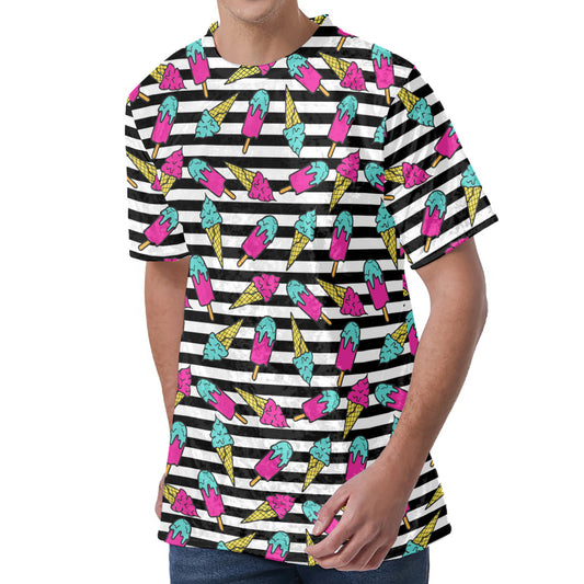 Black Striped Ice Cream Pattern Print Men's Velvet T-Shirt