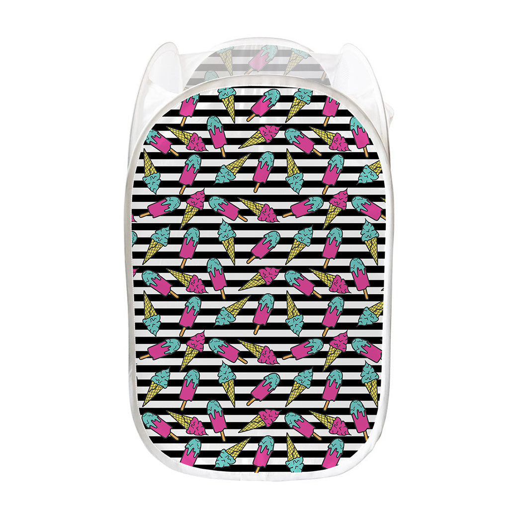 Black Striped Ice Cream Pattern Print Mesh Laundry Hamper
