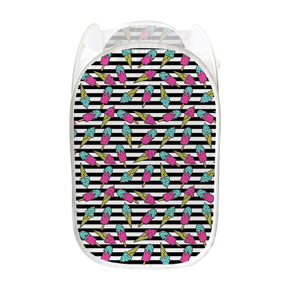 Black Striped Ice Cream Pattern Print Mesh Laundry Hamper