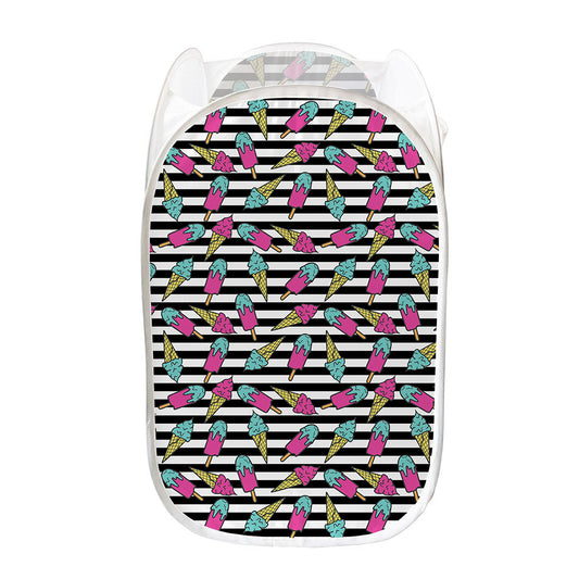 Black Striped Ice Cream Pattern Print Mesh Laundry Hamper