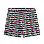 Black Striped Ice Cream Pattern Print Mesh Shorts
