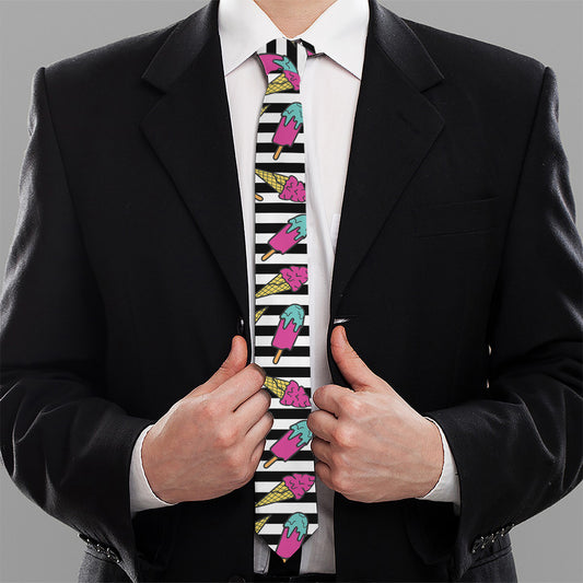 Black Striped Ice Cream Pattern Print Necktie